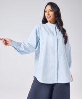 Mandarin Collar Cotton Oversized Shirt- Baby Blue