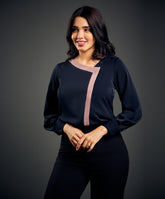 Contrast Panel Long Sleeve Chiffon Top