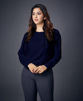 Neck Bow Solid Chiffon Long Sleeve Navy Top