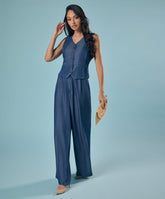 Flared Leg Washed Tencel Dark Blue Pant