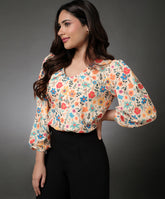 Scoop Neck Pleated Long Sleeve Chiffon Top