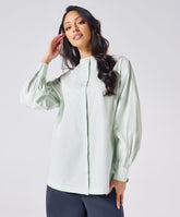 Mandarin Collar Cotton Oversized Shirt- Pastel Green