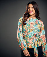 Waist Tie Long Sleeve Printed Top