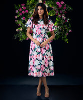 Puffed Sleeve Bold Printed Chiffon Dress