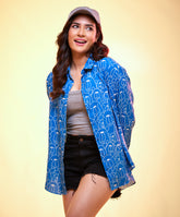 Oversized Chiffon Blue Bear Printed Shirt