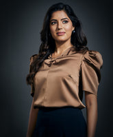 Front Bow Attached Pink Satin Top-Brown