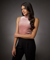 high neck sleeveless velvet top brown