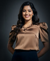 Front Bow Attached Pink Satin Top-Brown