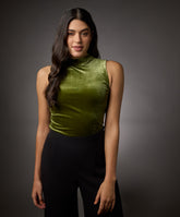 high neck sleeveless velvet top moss green