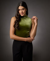 high neck sleeveless velvet top moss green