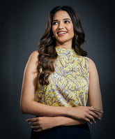 Sleeveless Printed Satin Top-Yellow Print