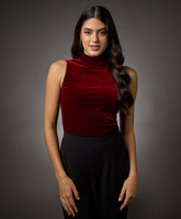 high neck sleeveless velvet top maroon