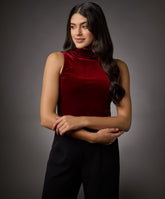 high neck sleeveless velvet top maroon
