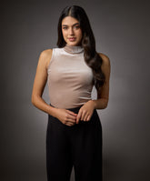 high neck sleeveless velvet top beige