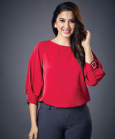 Buckle Attached Solid Chiffon Red Top
