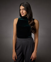high neck sleeveless velvet top dark green