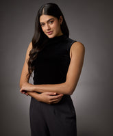 high neck sleeveless velvet top black