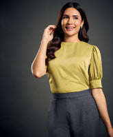 Satin Puffed Sleeve Green Top