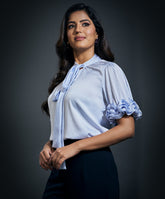 Sleeve Frilled Satin Half Sleeve Top-Blue
