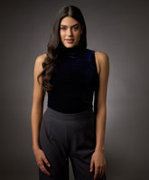 high neck sleeveless velvet top navy blue