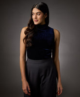 high neck sleeveless velvet top navy blue