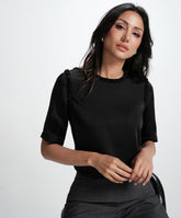 Neck And Arm Hole Beaded Chiffon Top-Black