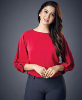 Buckle Attached Solid Chiffon Red Top