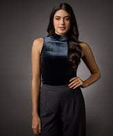 high neck sleeveless velvet top grey