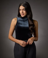 high neck sleeveless velvet top grey