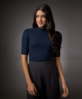 short sleeve high neck rib top navy blue