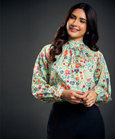 Standing Collar Raglan Sleeve Satin Blouse