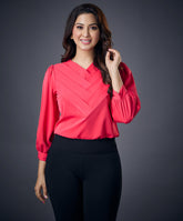 Side Pleated Chiffon Solid Pink Top