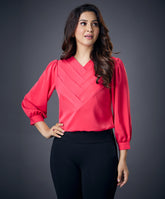 Side Pleated Chiffon Solid Pink Top