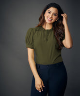 Neck Frilled Front Buttoned Olive Top