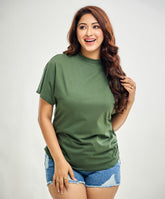Side Gathered Crew Neck Tshirt- Khaki Green