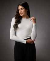 long sleeve round neck rib top off white
