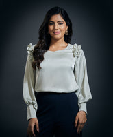 Sleeve Detailed Shoulder Frilled Long Sleeve Top-Lime