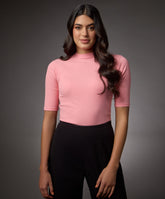 short sleeve high neck rib top peach pink