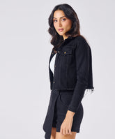 Hem Frayed Black Denim Jacket
