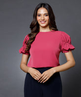 Sleeve Detailed Pink Round Neck Top