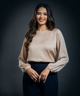 Long Sleeve Crepe Satin Top-Beige