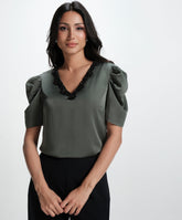 Vneck Sleeve Gathered Glamorous Satin Top-Frost Green