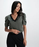 Vneck Sleeve Gathered Glamorous Satin Top-Frost Green
