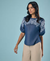 Embroidery And Cut Work Dark Blue Top