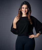 Buckle Attached Solid Chiffon Black Top