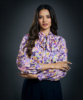 Neck Tie Long Sleeve Pink Satin Top