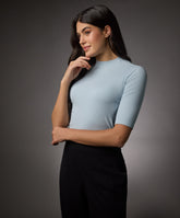 short sleeve high neck rib top pale blue