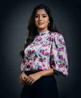 Puffed Long Sleeve Satin Top