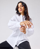 Mandarin Collar Cotton Oversized Shirt- Pure White