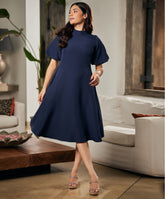 Balloon Sleeve High Neck Blue Dress